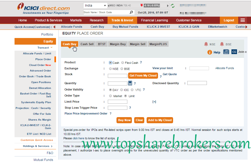 icicidirect equity place order